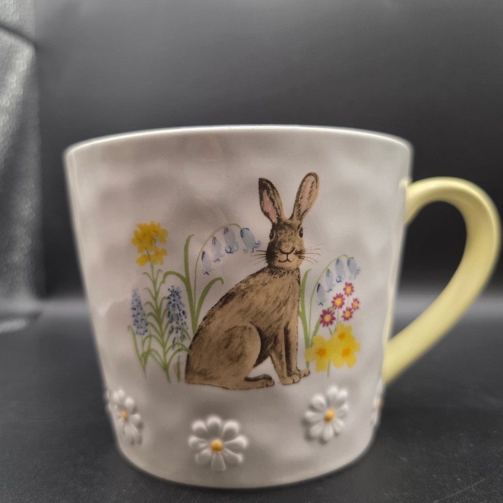 Bluebird and Willow Rabbit Stoneware Mug Yellow Floral Bunny Spring Coffee Cup